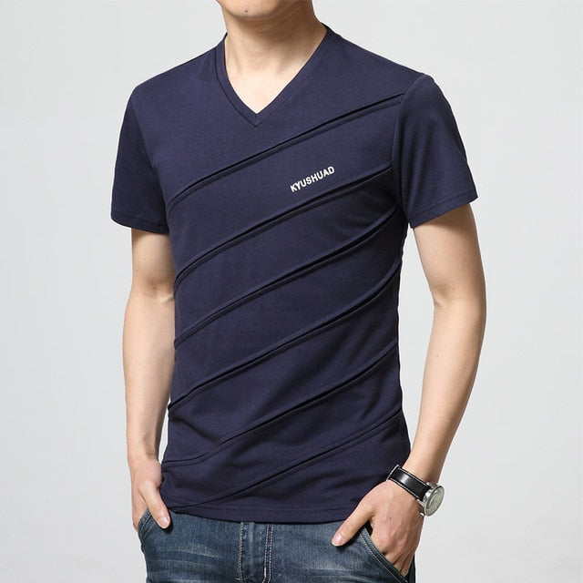 Blue v-neck slim men's t-shirt. Sleeve Length: Short. Collar: V-Neck. Fabric Type: Broadcloth. Material: Cotton and spandex.