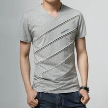 Load image into Gallery viewer, Grey v-neck slim men&#39;s t-shirt. Sleeve Length: Short. Collar: V-Neck. Fabric Type: Broadcloth. Material: Cotton and spandex.
