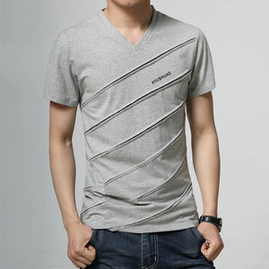 Grey v-neck slim men's t-shirt. Sleeve Length: Short. Collar: V-Neck. Fabric Type: Broadcloth. Material: Cotton and spandex.