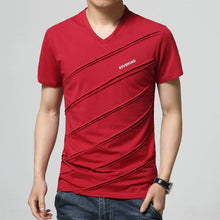 Load image into Gallery viewer, Red v-neck slim men&#39;s t-shirt. Sleeve Length: Short. Collar: V-Neck. Fabric Type: Broadcloth. Material: Cotton and spandex.
