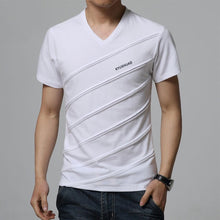 Load image into Gallery viewer, White v-neck slim men&#39;s t-shirt. Sleeve Length: Short. Collar: V-Neck. Fabric Type: Broadcloth. Material: Cotton and spandex.
