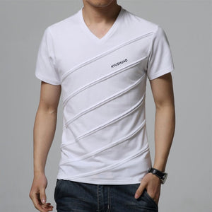 White v-neck slim men's t-shirt. Sleeve Length: Short. Collar: V-Neck. Fabric Type: Broadcloth. Material: Cotton and spandex.