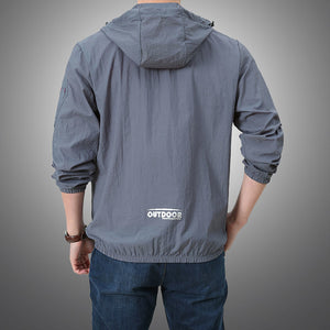 Super light windbreaker jacket in blue, teal, black or grey. Material: Nylon and Polyester. Closure Type: zipper. Sleeve. Style: Regular. Thickness: Thin. Hooded: Yes. Type: Wide-waisted. Clothing Length: Regular. Decoration: Pockets. Collar: Turn-down Collar. Free shipping. 
