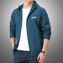 Load image into Gallery viewer, Super light windbreaker jacket in blue, teal, black or grey. Material: Nylon and Polyester. Closure Type: zipper. Sleeve. Style: Regular. Thickness: Thin. Hooded: Yes. Type: Wide-waisted. Clothing Length: Regular. Decoration: Pockets. Collar: Turn-down Collar. Free shipping. 
