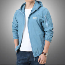 Load image into Gallery viewer, Super light light blue windbreaker jacket in blue, teal, black or grey. Material: Nylon and Polyester. Closure Type: zipper. Sleeve. Style: Regular. Thickness: Thin. Hooded: Yes. Type: Wide-waisted. Clothing Length: Regular. Decoration: Pockets. Collar: Turn-down Collar. Free shipping. 

