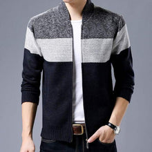 Load image into Gallery viewer, Striped cardigan zippered grey and blue sweater. Material: Wool | Cotton. Closure Type: zipper. Collar: Turn-down Collar. Technics: Knitted. Sleeve Style: Regular. Sleeve Length: Full. Thickness: Standard. Free Shipping. 
