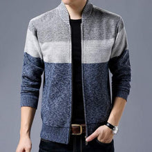 Load image into Gallery viewer, Striped cardigan grey and light blue zippered sweater. Material: Wool | Cotton. Closure Type: zipper. Collar: Turn-down Collar. Technics: Knitted. Sleeve Style: Regular. Sleeve Length: Full. Thickness: Standard. Free Shipping. 

