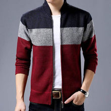Load image into Gallery viewer, Striped red, grey and blue cardigan zippered sweater. Material: Wool | Cotton. Closure Type: zipper. Collar: Turn-down Collar. Technics: Knitted. Sleeve Style: Regular. Sleeve Length: Full. Thickness: Standard. Free Shipping. 
