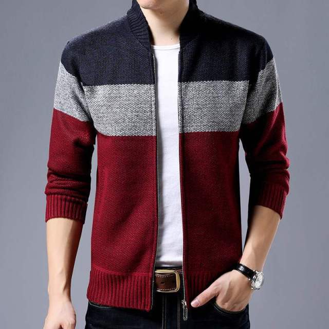 Striped red, grey and blue cardigan zippered sweater. Material: Wool | Cotton. Closure Type: zipper. Collar: Turn-down Collar. Technics: Knitted. Sleeve Style: Regular. Sleeve Length: Full. Thickness: Standard. Free Shipping. 