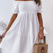 Load image into Gallery viewer, Stylish white sundress. This sweet beach or party dress comes in white, black, khaki and green. Silhouette: A-Line. Sleeve Style: Puff Sleeve. Decoration: Shirring. Dress Length: Above Knee, Mini.
