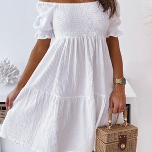 Stylish white sundress. This sweet beach or party dress comes in white, black, khaki and green. Silhouette: A-Line. Sleeve Style: Puff Sleeve. Decoration: Shirring. Dress Length: Above Knee, Mini.