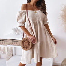 Load image into Gallery viewer, Stylish beige summer dress. This sweet beach or party dress comes in white, black, khaki and green. Silhouette: A-Line. Sleeve Style: Puff Sleeve. Decoration: Shirring. Dress Length: Above Knee, Mini. 
