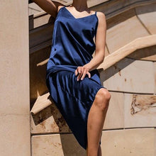 Load image into Gallery viewer, Silk v-neck dress for your next party. Silhouette: Straight. Neckline: V-Neck. Sleeve Style: Spaghetti Strap. Dress Length: Mid-Calf. Material: Polyester. Sleeve Length: Sleeveless. Color: black, dark blue, beige, blue, grey blue, green. Free shipping. 
