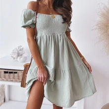Load image into Gallery viewer, Stylish green sundress. This sweet beach or party dress comes in white, black, khaki and green. Silhouette: A-Line. Sleeve Style: Puff Sleeve. Decoration: Shirring. Dress Length: Above Knee, Mini.
