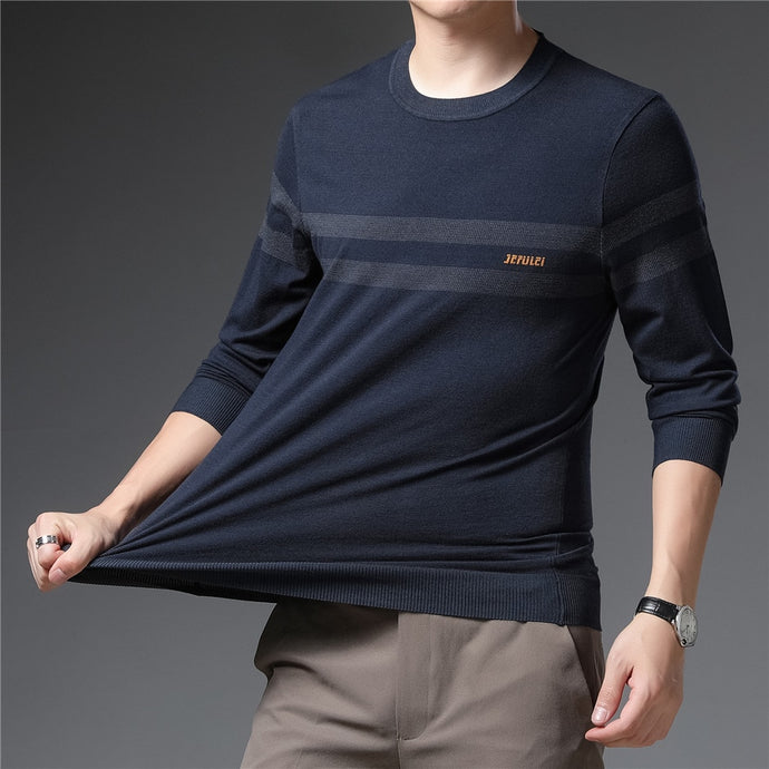 This comfortable grey blue striped sweater is perfect for you. Technics: Knitted. Collar: O-Neck. Item Type: Pullovers. Sleeve Length: Full. Sleeve Style: Regular. Thickness: Standard. Wool: Standard Wool. Free Shipping.