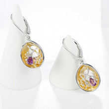 Load image into Gallery viewer, Beautiful artisan made purple topaz, silver and gold earrings as a gift for you or a loved one. Main Stone: Topaz. Metals Type: 925 Sterling Silver and Gold Plated. Earring Type: Drop Earrings.
