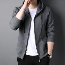 Load image into Gallery viewer, Summer dark grey hoodie sweatshirt for men. This hoodie comes in blue, grey and black. Sleeve Length: Full. Material: Cotton, Polyester and Spandex. Collar: Hooded. Closure Type: zipper. Thickness: Standard. Size S-3XL. Free shipping. 
