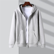 Load image into Gallery viewer, Summer light grey hoodie sweatshirt for men. This hoodie comes in blue, grey and black. Sleeve Length: Full. Material: Cotton, Polyester and Spandex. Collar: Hooded. Closure Type: zipper. Thickness: Standard. Size S-3XL. Free shipping. 
