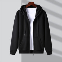 Load image into Gallery viewer, Summer black hoodie sweatshirt for men. This hoodie comes in blue, grey and black. Sleeve Length: Full. Material: Cotton, Polyester and Spandex. Collar: Hooded. Closure Type: zipper. Thickness: Standard. Size S-3XL. Free shipping. 
