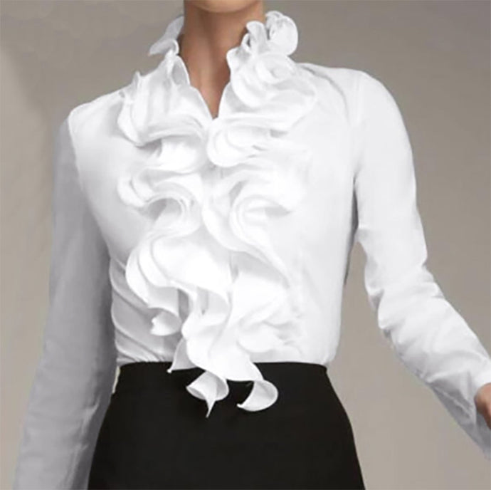 Super stylish white blouse just for you! Decoration: Ruffles. Sleeve Style: Regular. Material: Polyester and Spandex. Free shipping.